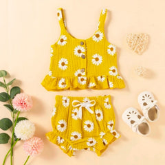 Two Piece Set Daisy Sleeveless Crop Tank Top Shorts Pants