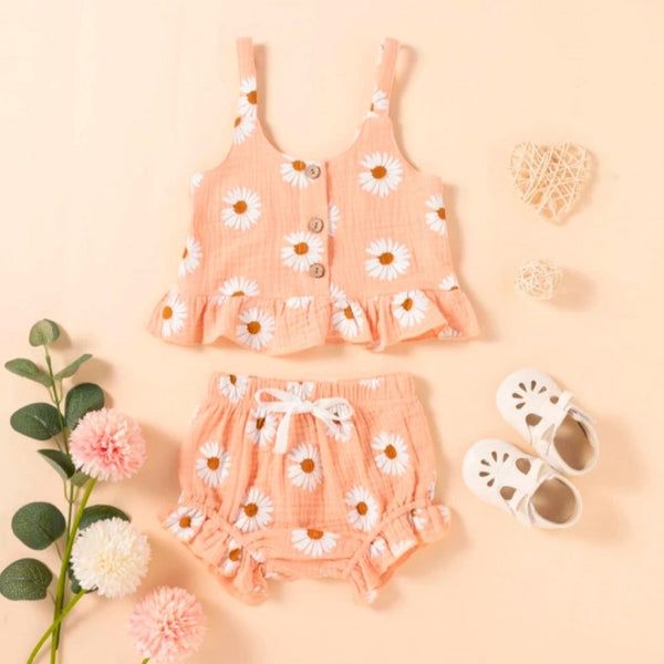 Two Piece Set Daisy Sleeveless Crop Tank Top Shorts Pants